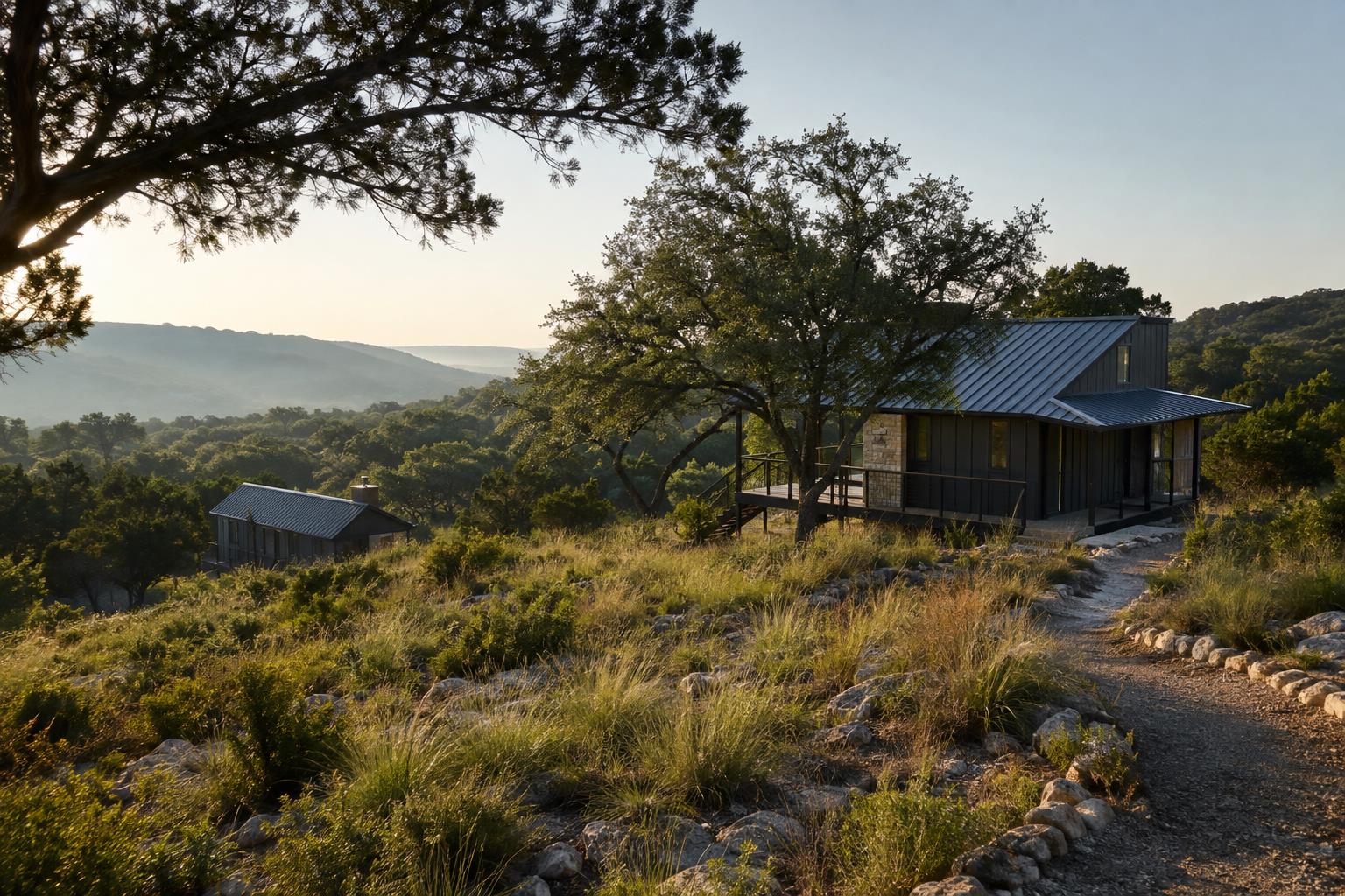 A cabin on a Texas Hill Country ridgeline at sunrise, framed by live oaks with a valley of native brush below